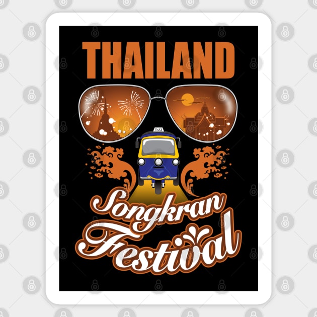 Thailand Songkran festival summer in Bangkok sunrise with tuk-tuk taxi Sticker by Settha.sk